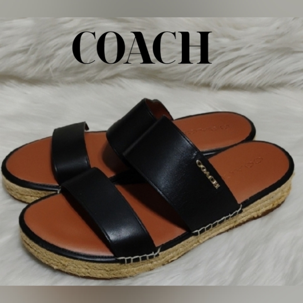 SALE! Coach Franca Black Leather Espadrilles Women's Sandals (#01) - Picture 1 of 16